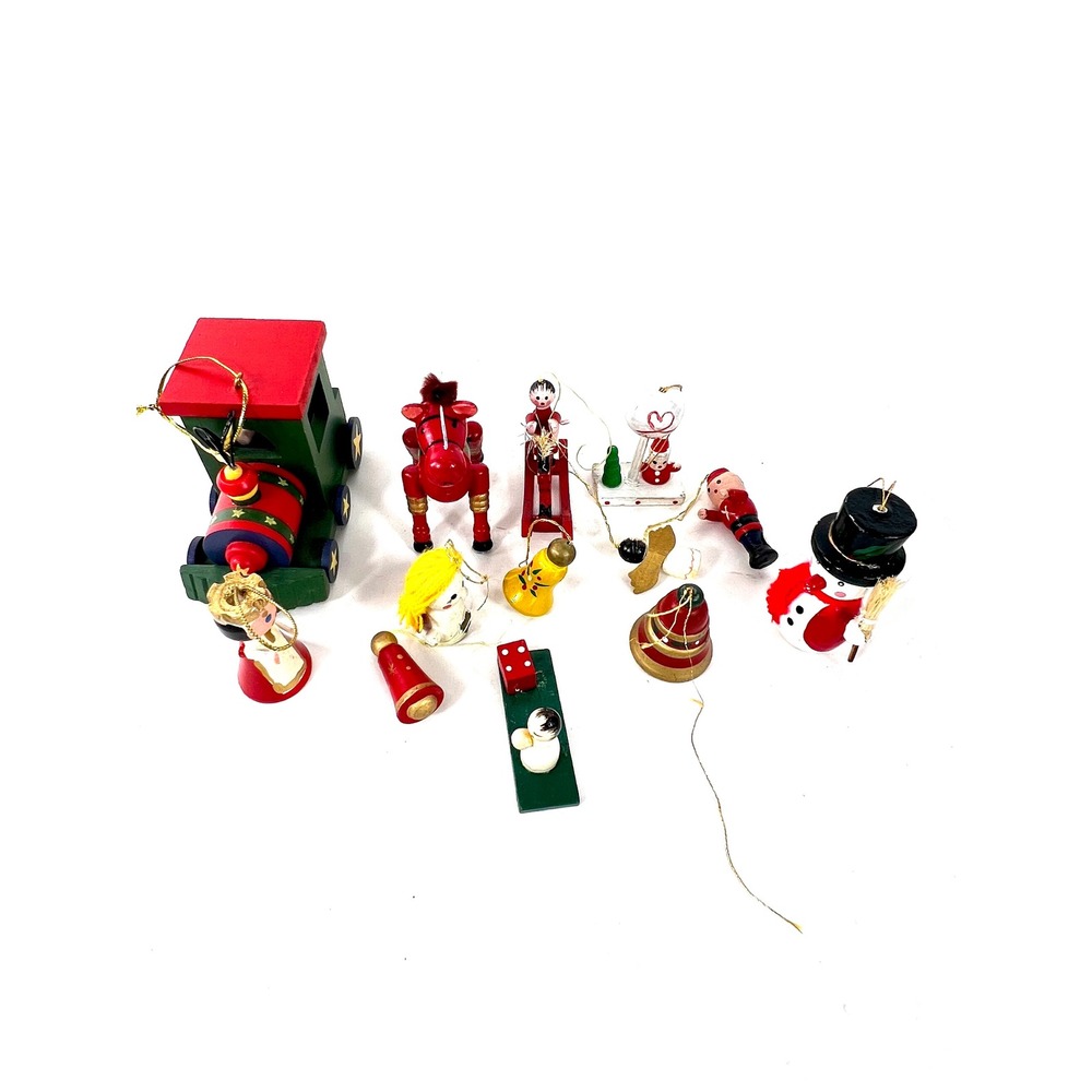 Vintage Wooden Christmas Ornament Lot Train Snowman Rocking Horse Hand Painted